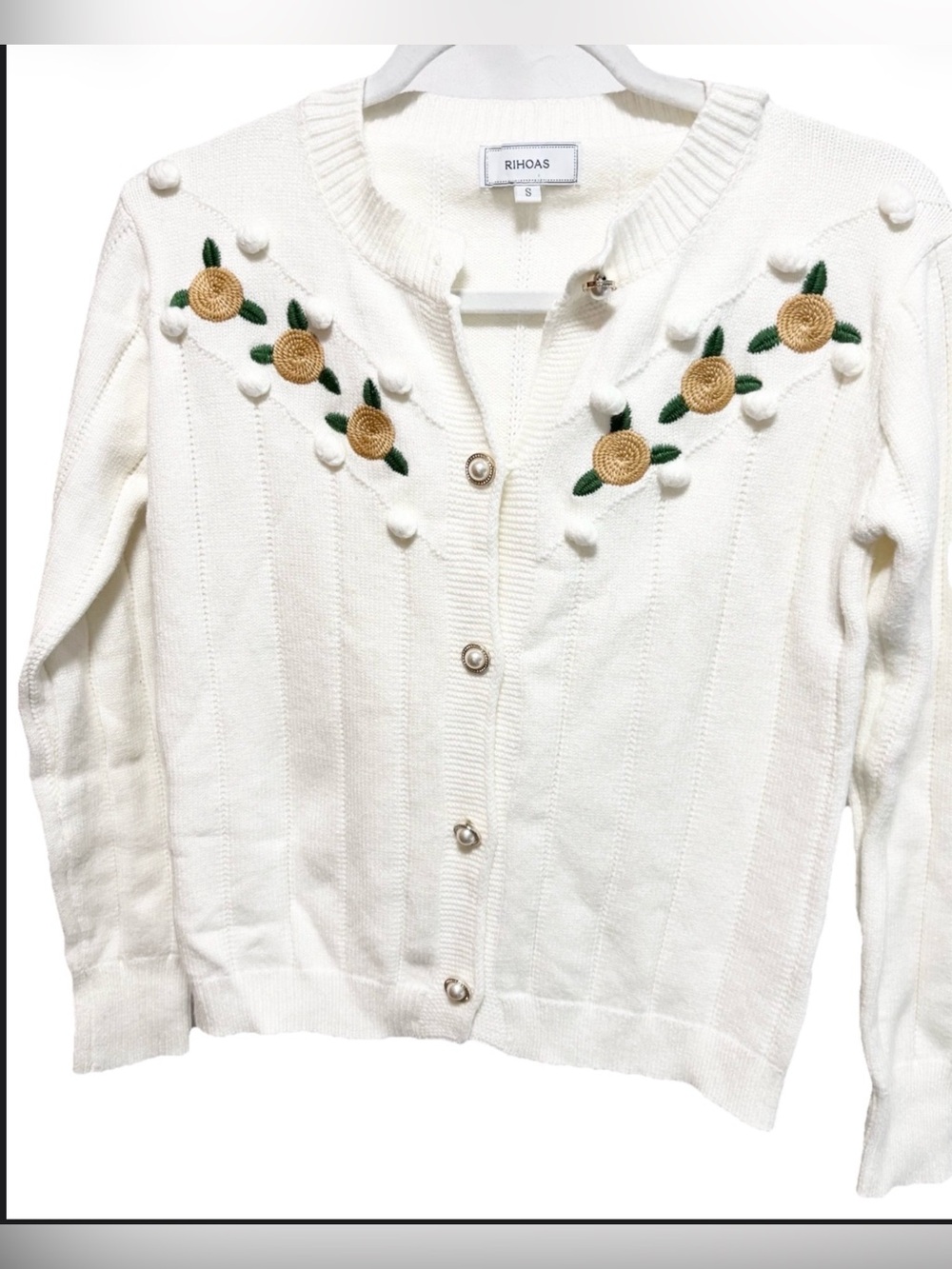 RIHOAS Cream Knit Cardigan with Gold Rose Embroidery